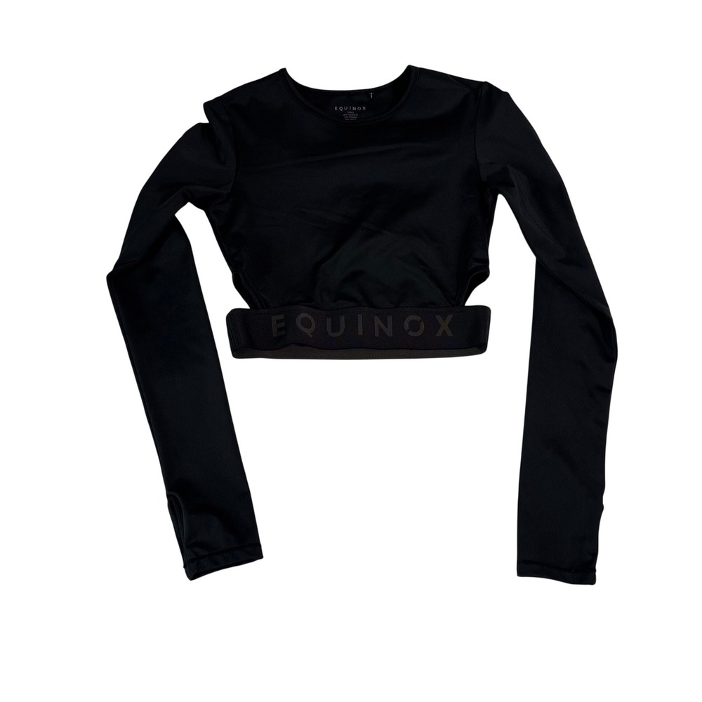 Equinox Womens Black Long Sleeve Crop Top Cutout Back Logo Elastic Gym Small